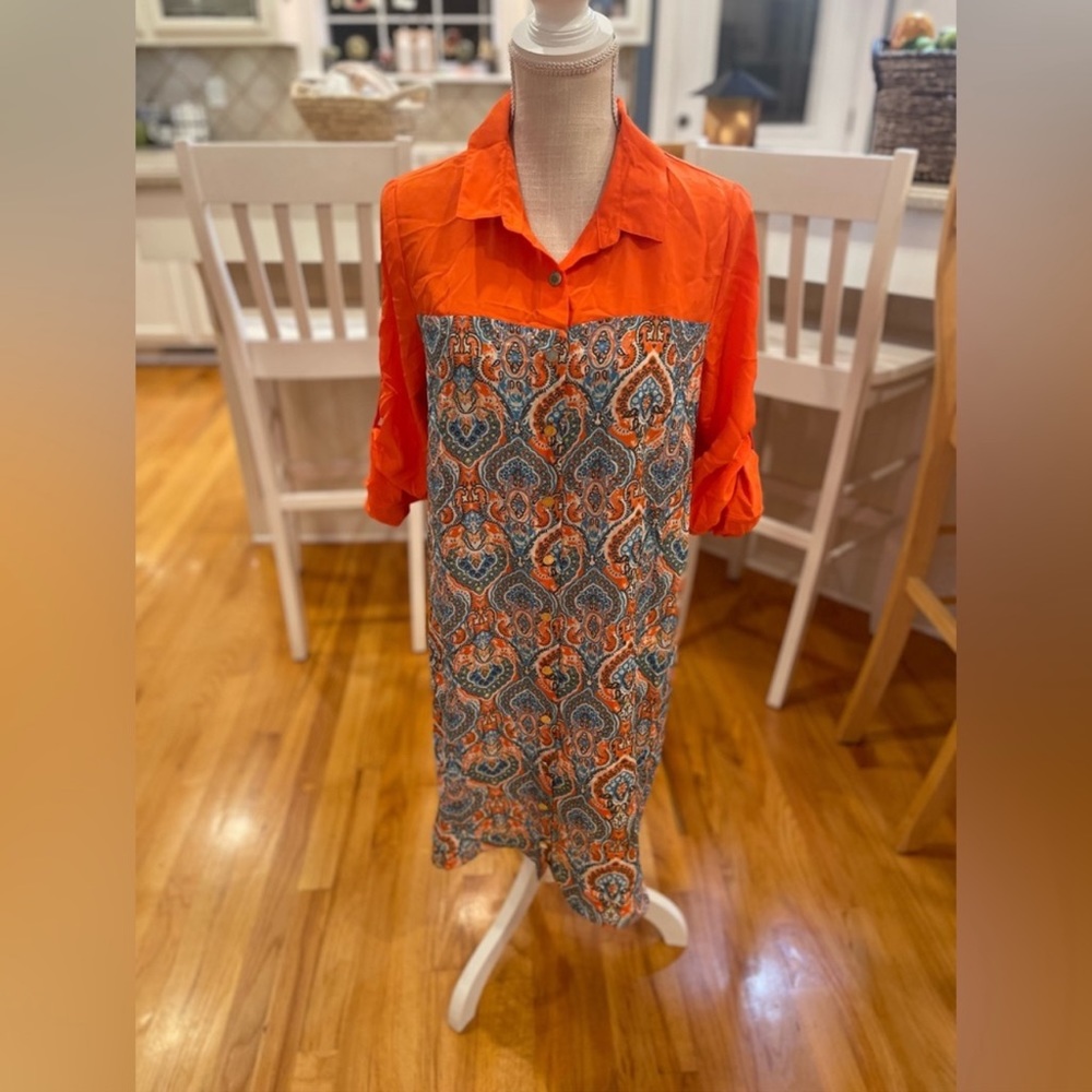 G by Giuliana Rancic orange and turquoise paisley shirt